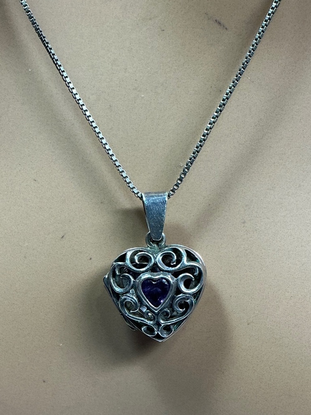 Sterling Silver Filigree Locket Necklace W/ Purple Stone. 19” long